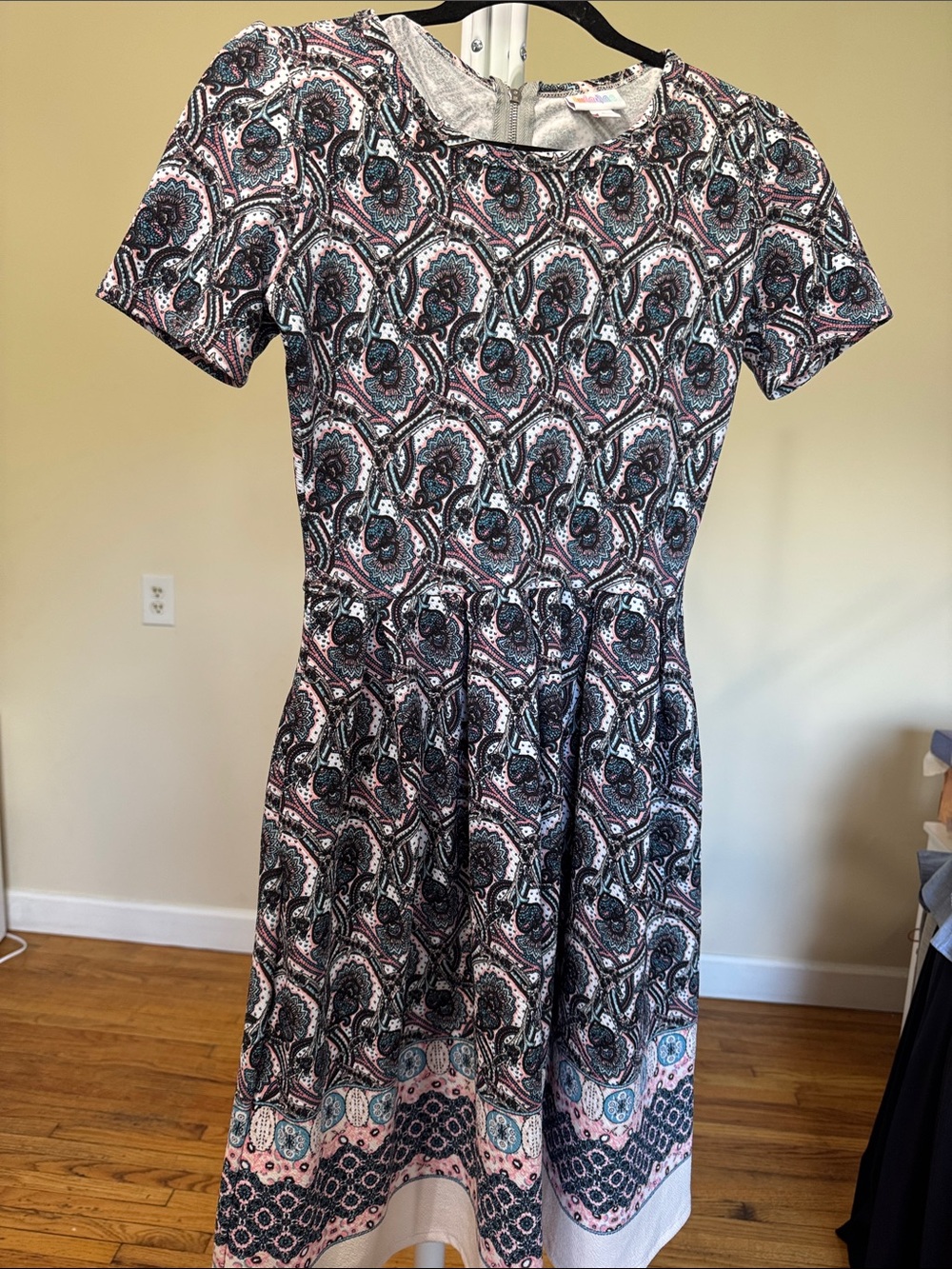 LuLaRoe Black, Pink & Teal Paisley Fit-and-Flare Midi Dress